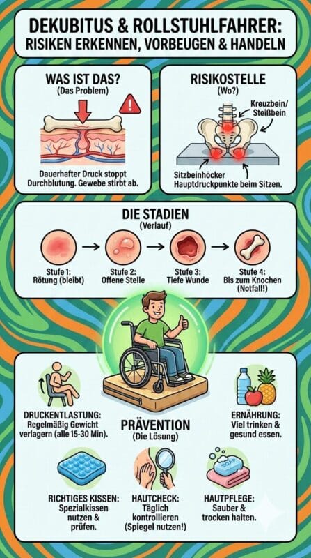 Dekubitus Infografik mit allen Stadien und Präventionsöglichkeiten