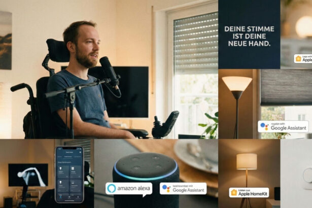 Ein Mann im Rollstuhl steuert per Sprache Licht und Jalousien. Zu sehen sind die Logos von Amazon Alexa, Google Assistant und Apple HomeKit sowie der Text: 'Deine Stimme ist deine neue Hand'.