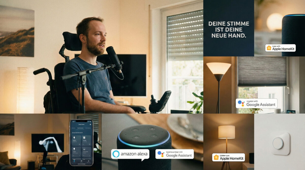 Ein Mann im Rollstuhl steuert per Sprache Licht und Jalousien. Zu sehen sind die Logos von Amazon Alexa, Google Assistant und Apple HomeKit sowie der Text: 'Deine Stimme ist deine neue Hand'.